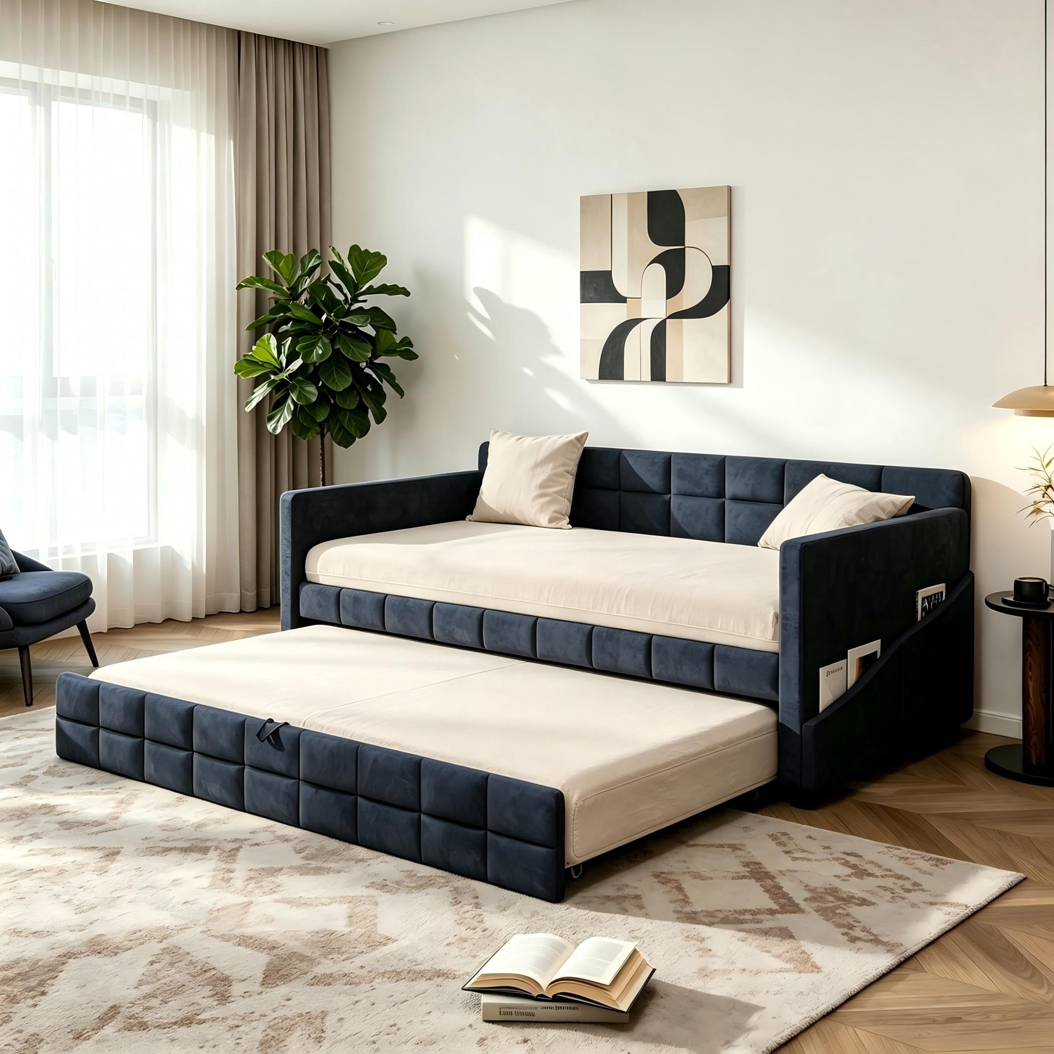 Aukfa Modern Twin Daybed with Trundle, Velvet Upholstered Bed Frame with Storage Pockets, Space-Saving Sofa Bed for Living Room, Bedroom, Black