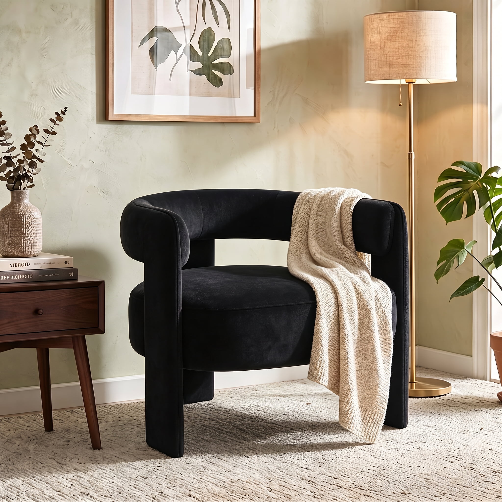 Aukfa Modern Velvet Barrel Accent Chair with 8.66" Thick Seat Cushion, Upholstered Armchair with 300 lb Weight Capacity for Living Room,Black