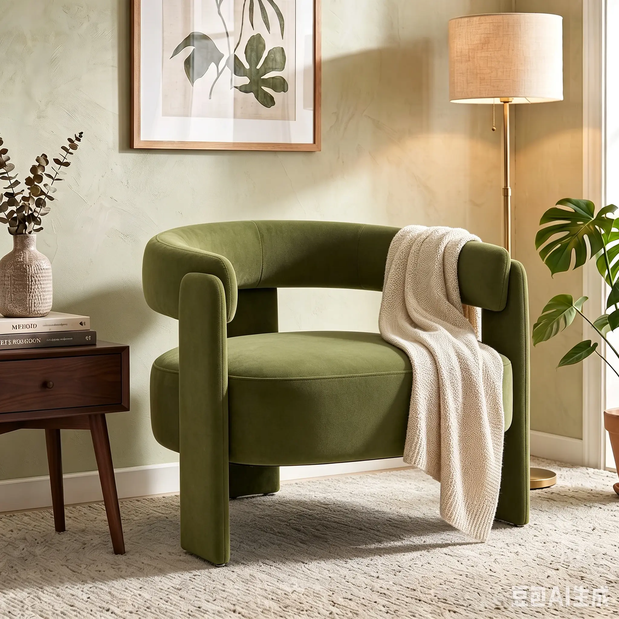 Aukfa Modern Velvet Barrel Accent Chair with 8.66" Thick Seat Cushion, Upholstered Armchair with 300 lb Weight Capacity for Living Room,Olive Green