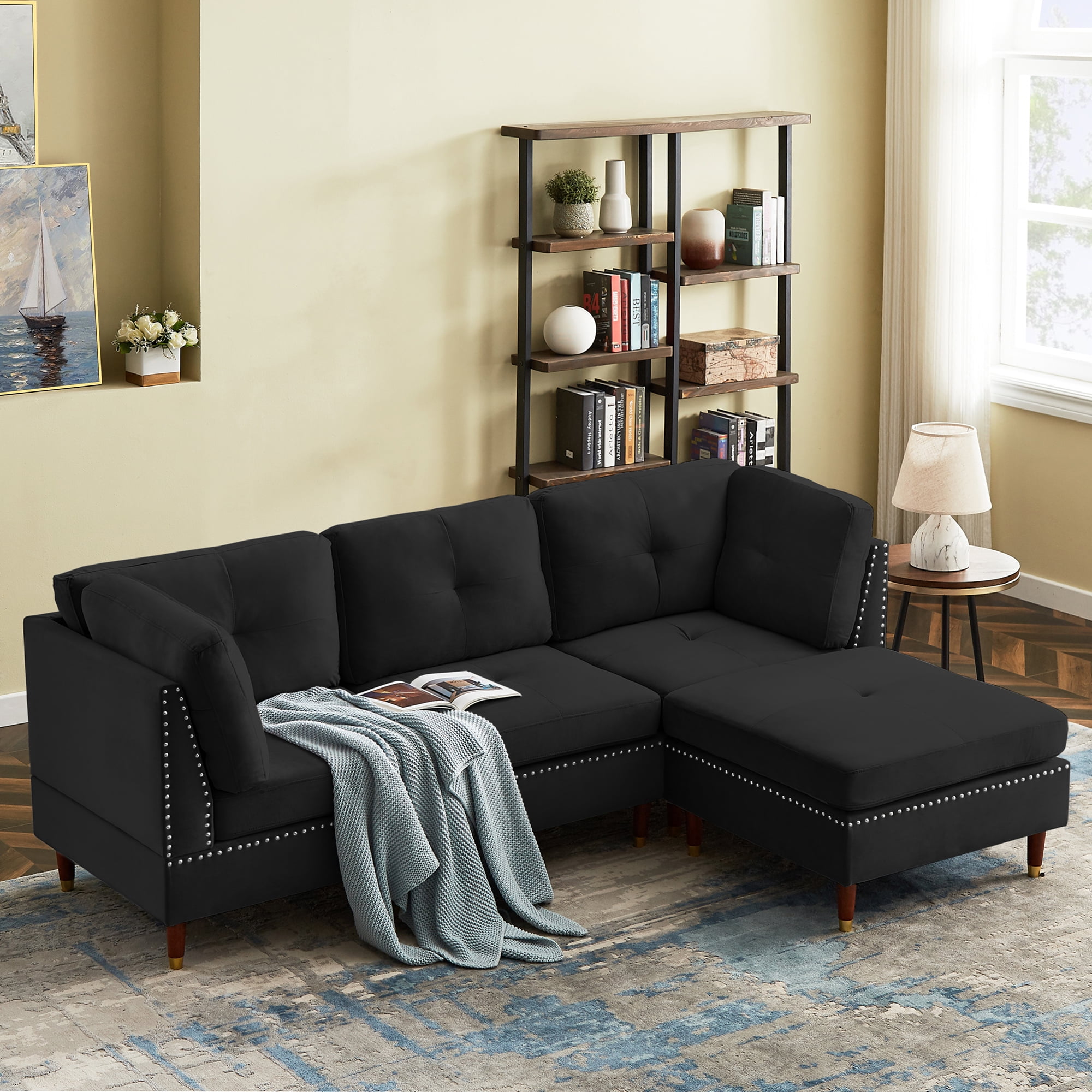 Aukfa Modern Velvet Sectional Sofa LShaped Couch with Reversible