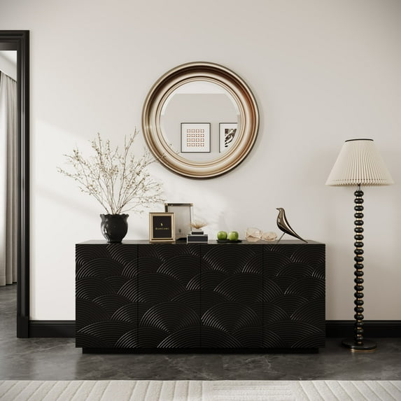 Aukfa Modern Water Ripple Sideboard Cabinet,Coffee Bar TV Console for Dining Room/Kitchen/Living Room,Black