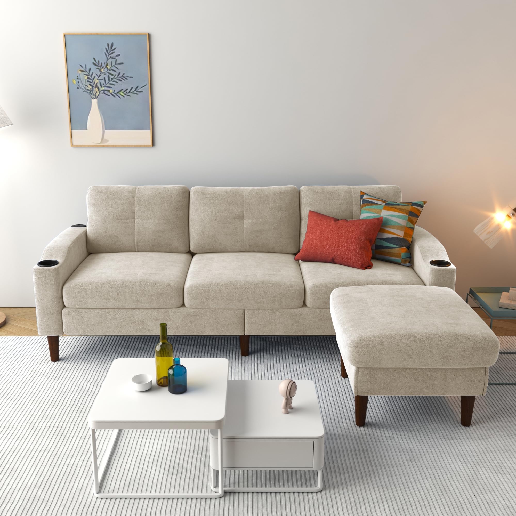 Aukfa Modular L-Shaped 3-Seater Sectional Sofa with Storage Ottoman, USB Ports and Cup Holders, 78" Couch for Living Room, Beige