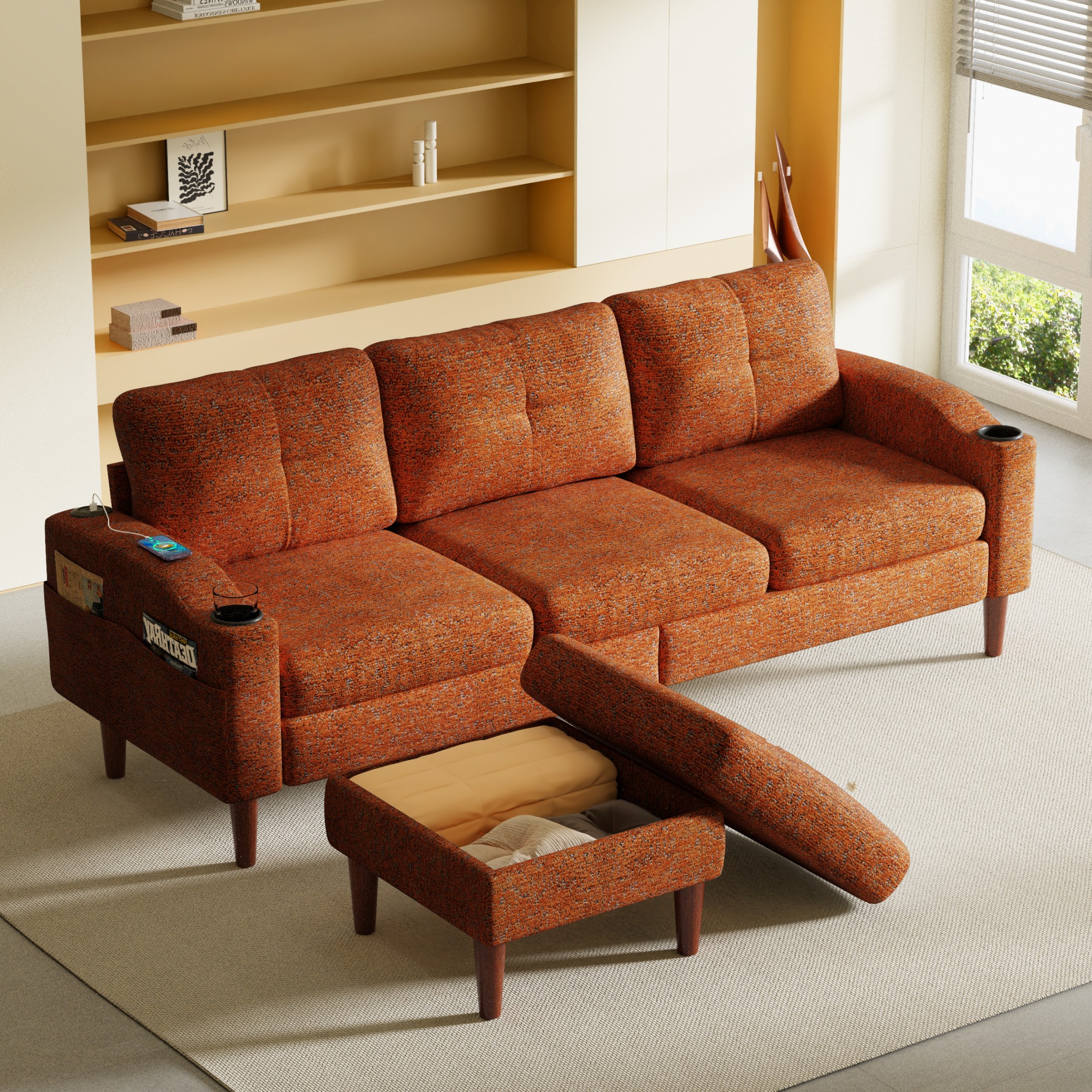 Aukfa Modular L-Shaped 3-Seater Sectional Sofa with Storage Ottoman, USB Ports and Cup Holders, 78" Couch for Living Room, Orange