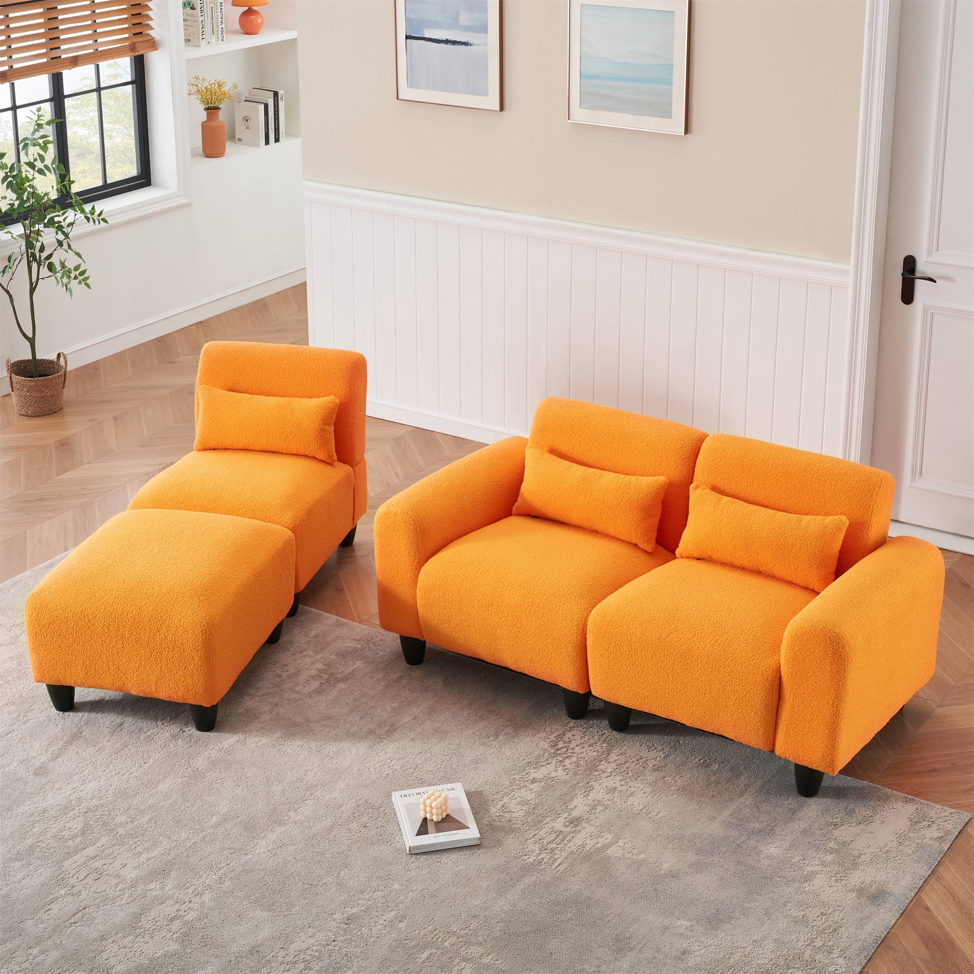 Aukfa Modular Sectional Sofa, Deep Seat Couch Set for Living Room, 3 Pillows, Orange Teddy Fleece