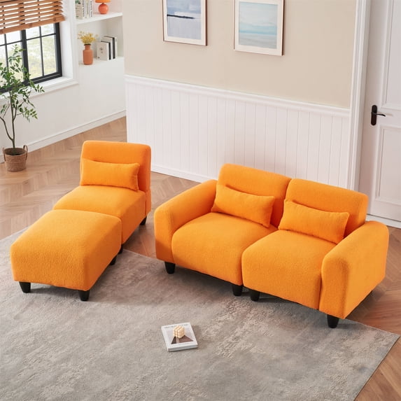 Aukfa Modular Sectional Sofa, Deep Seat Couch Set for Living Room, 3 Pillows, Orange Teddy Fleece