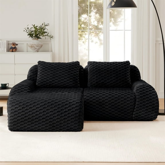 Aukfa 82" Overstuffed Cloud Sectional Sofa Modular Boneless Couch Loveseat with Ottoman, 2 Pillows, Flannel, Black