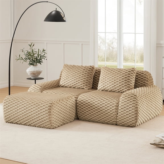 Aukfa 82" Overstuffed Cloud Sectional Sofa Modular Boneless Couch Loveseat with Ottoman, 2 Pillows, Flannel, Camel