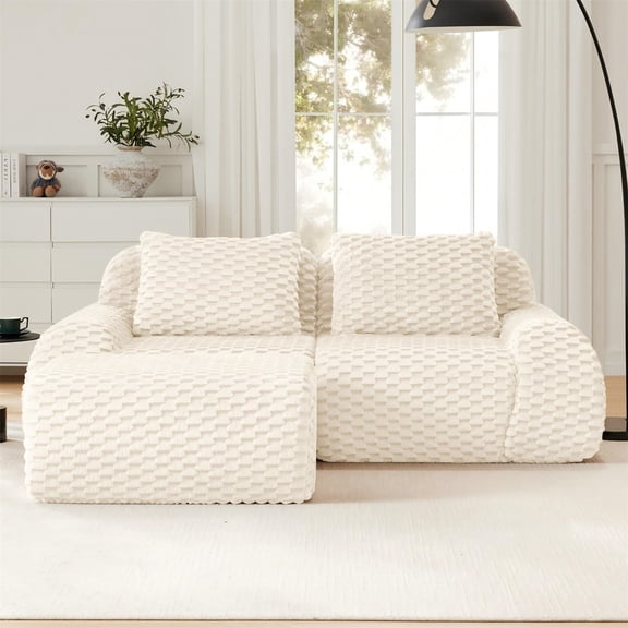 Aukfa 82" Overstuffed Cloud Sectional Sofa Modular Boneless Couch Loveseat with Ottoman, 2 Pillows, Flannel, Cream