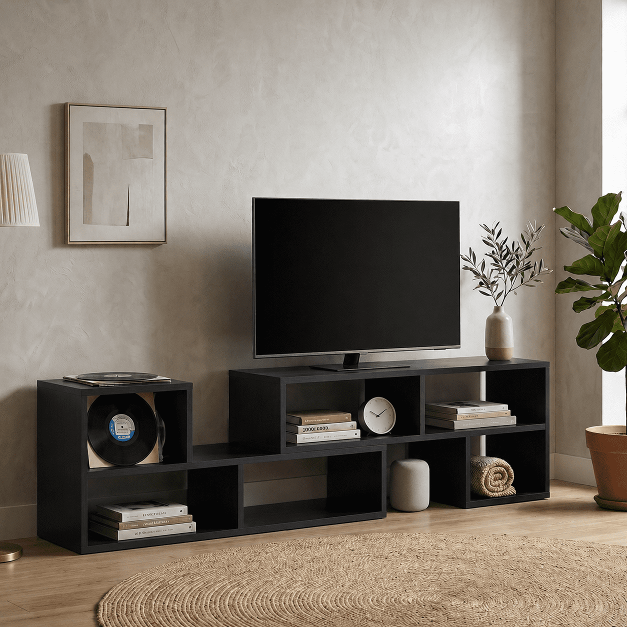 Aukfa Modular TV Stand for TVs up to 75",Free Combination Entertainment Center with Open Storage Shelves,Black