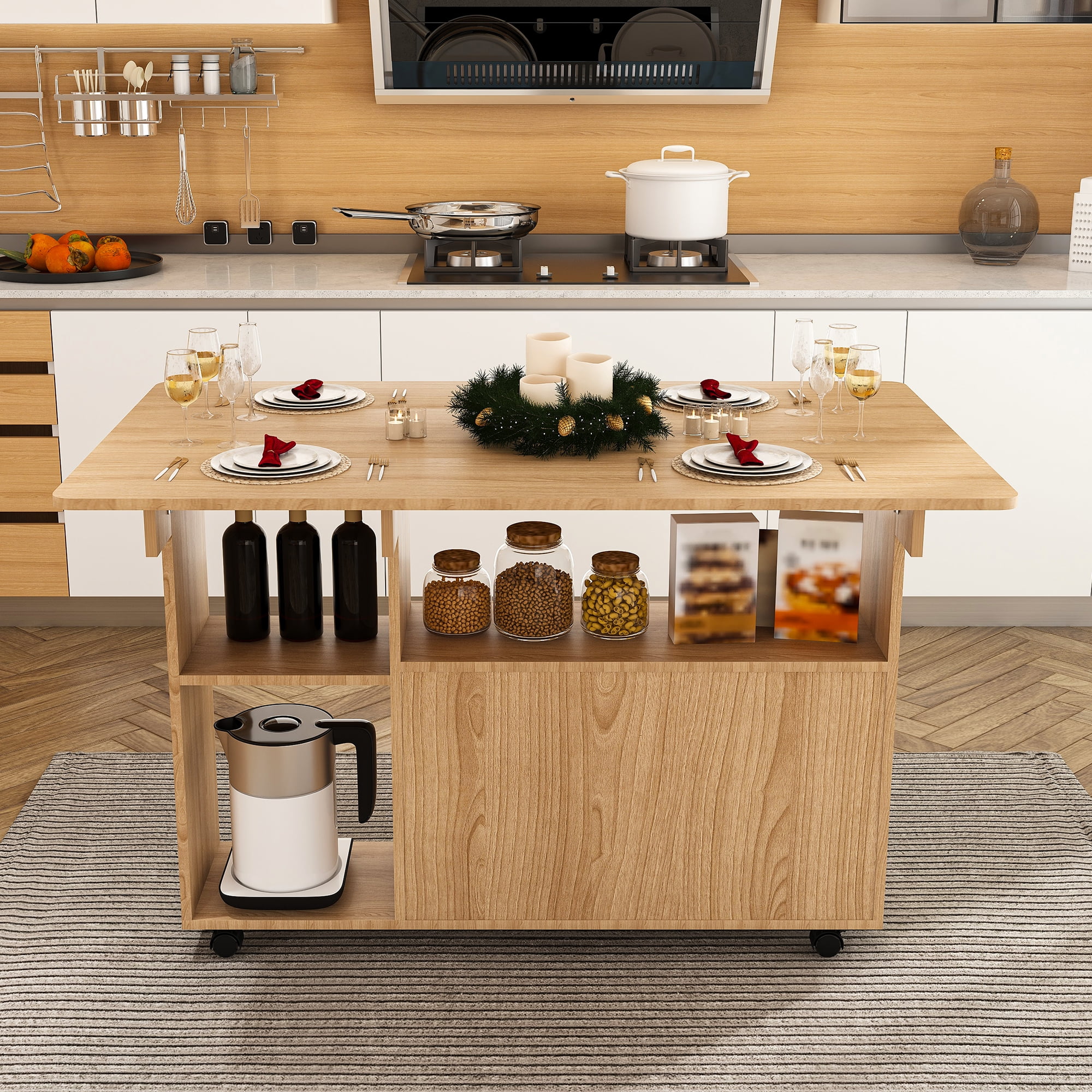 Aukfa Multi-Functional Folding Dining Table with Storage Shelves, Expandable Space-Saving Table for Small Apartments, Rolling Casters,Walnut