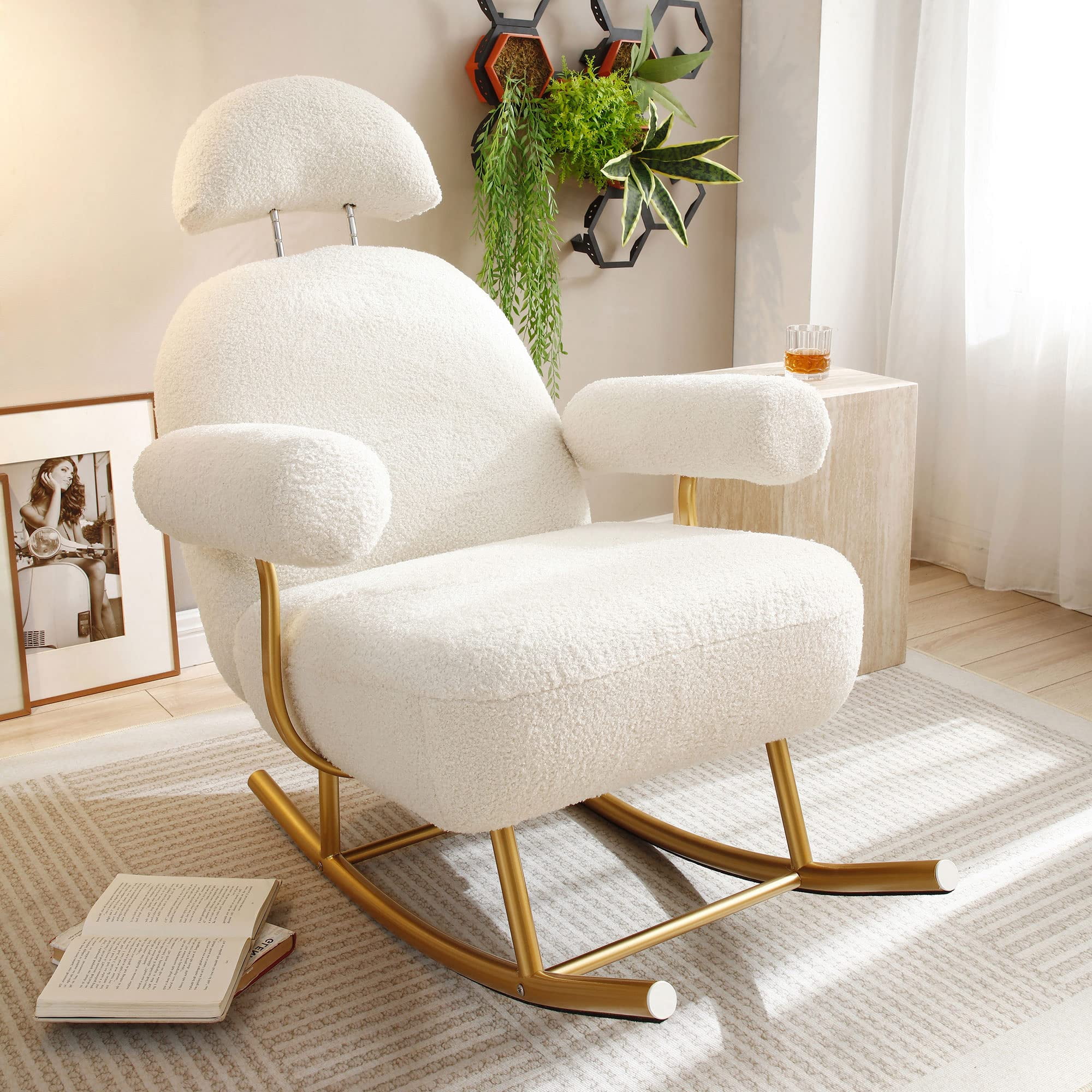 Aukfa Nursery Rocking Chair, Accent Upholstered Rocker Glider Chair for Living Room Bedroom, Beige
