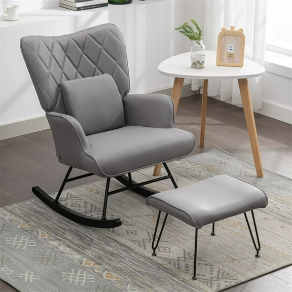 Aukfa Nursery Rocking Chair with Ottoman & Lumbar Pillow Set, Leather, Gray