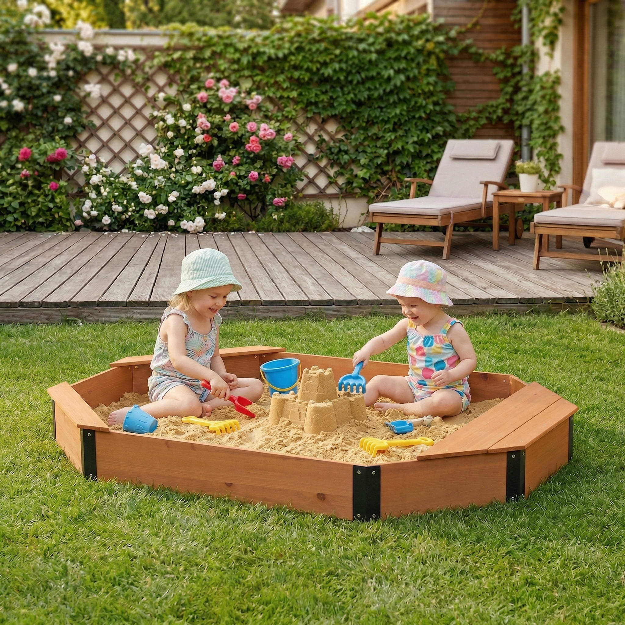 Aukfa Octagonal Wooden Sandbox with Cover and Foldable Bench Seats, Outdoor Backyard Sandpit for Kids,Brown