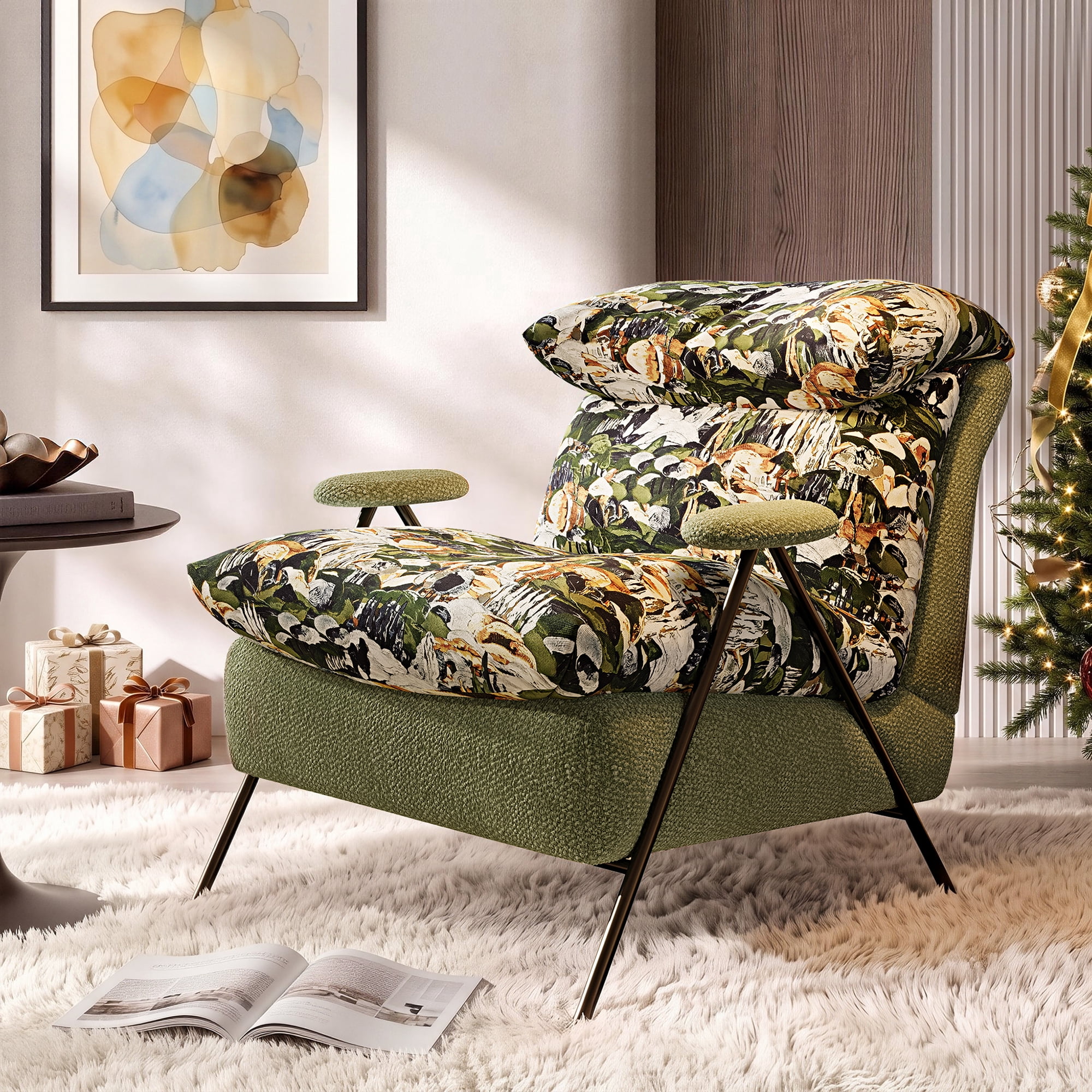 Aukfa Olive Green Floral Accent Chair, Modern Upholstered Armchair with Thick Padded Seat and Back for Living Room & Bedroom