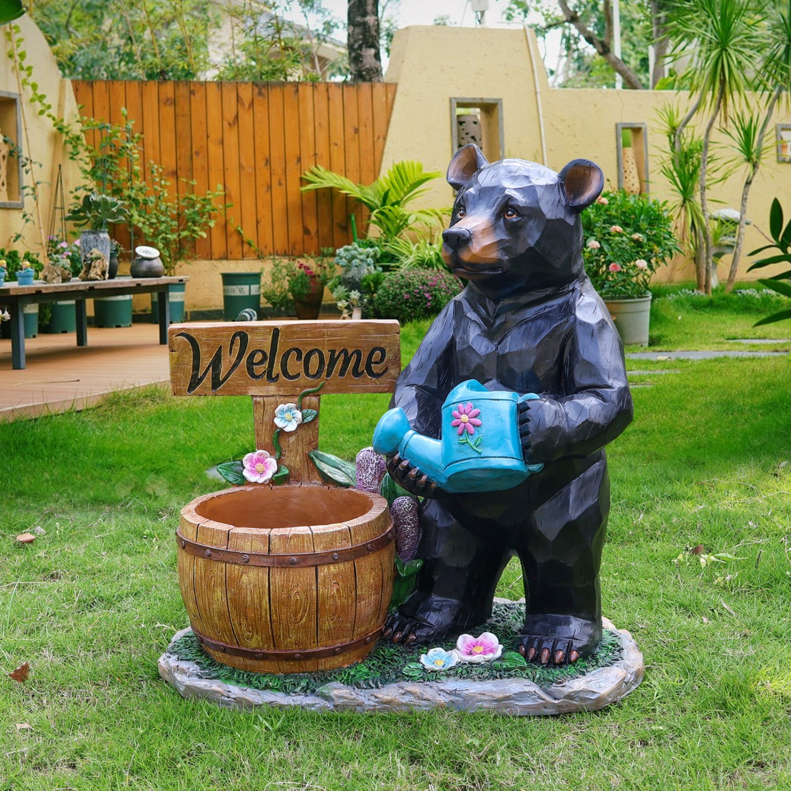 Aukfa Outdoor Bear Garden Statue with Planter Pot, Resin Animal Planter Sculpture for Yard, Lawn, Patio, Porch Decor, Weather-Resistant Garden Ornament, Unique Gift