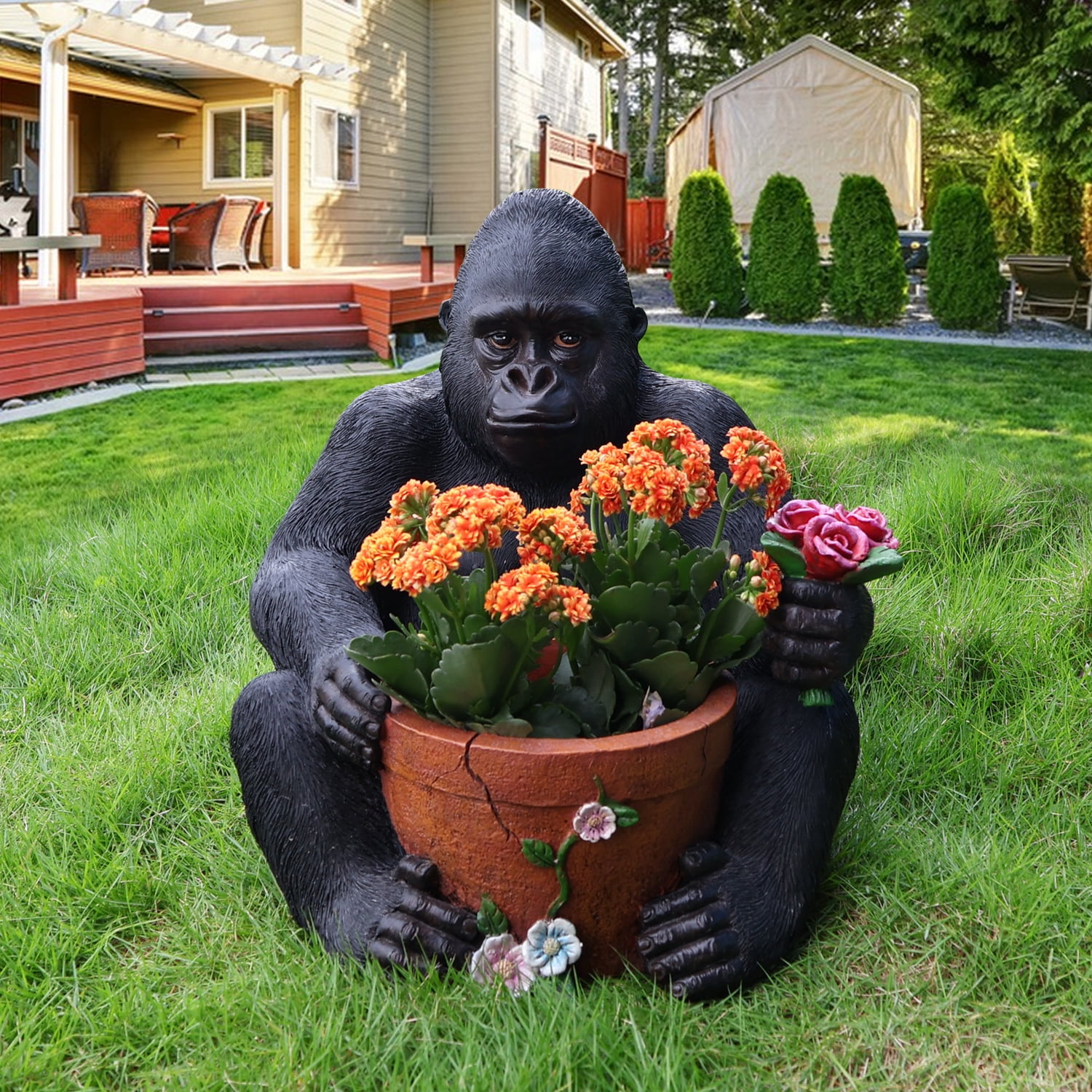 Aukfa Outdoor Gorilla Garden Statue with Planter, Resin Monkey Planter Sculpture with Flower Detail for Yard, Lawn, Patio, Porch Decor, Weather-Resistant Garden Ornament