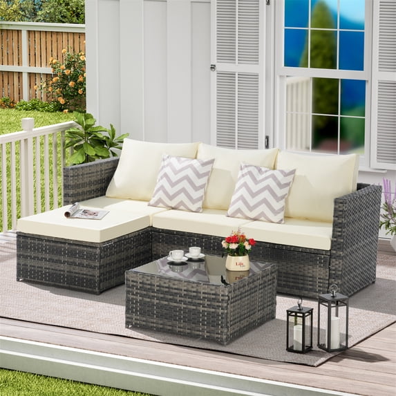 Aukfa Outdoor Patio Furniture Set - L shape Wicker Sectional Sofa with Coffee Table - Beige Cushions
