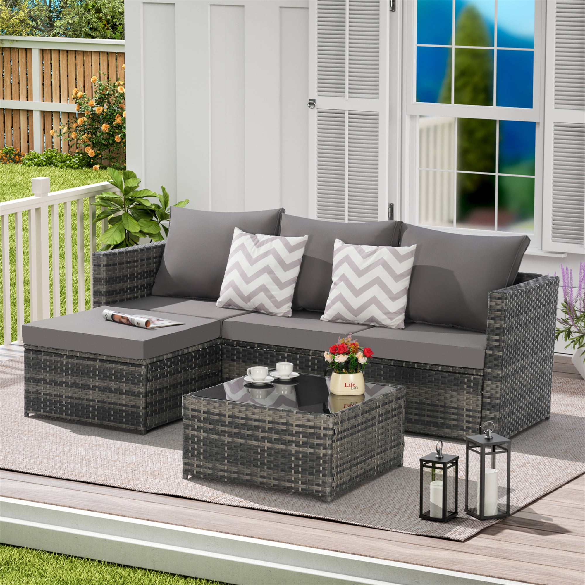 Aukfa Outdoor Patio Furniture Set - L shape Wicker Sectional Sofa with Coffee Table - Gray Cushions