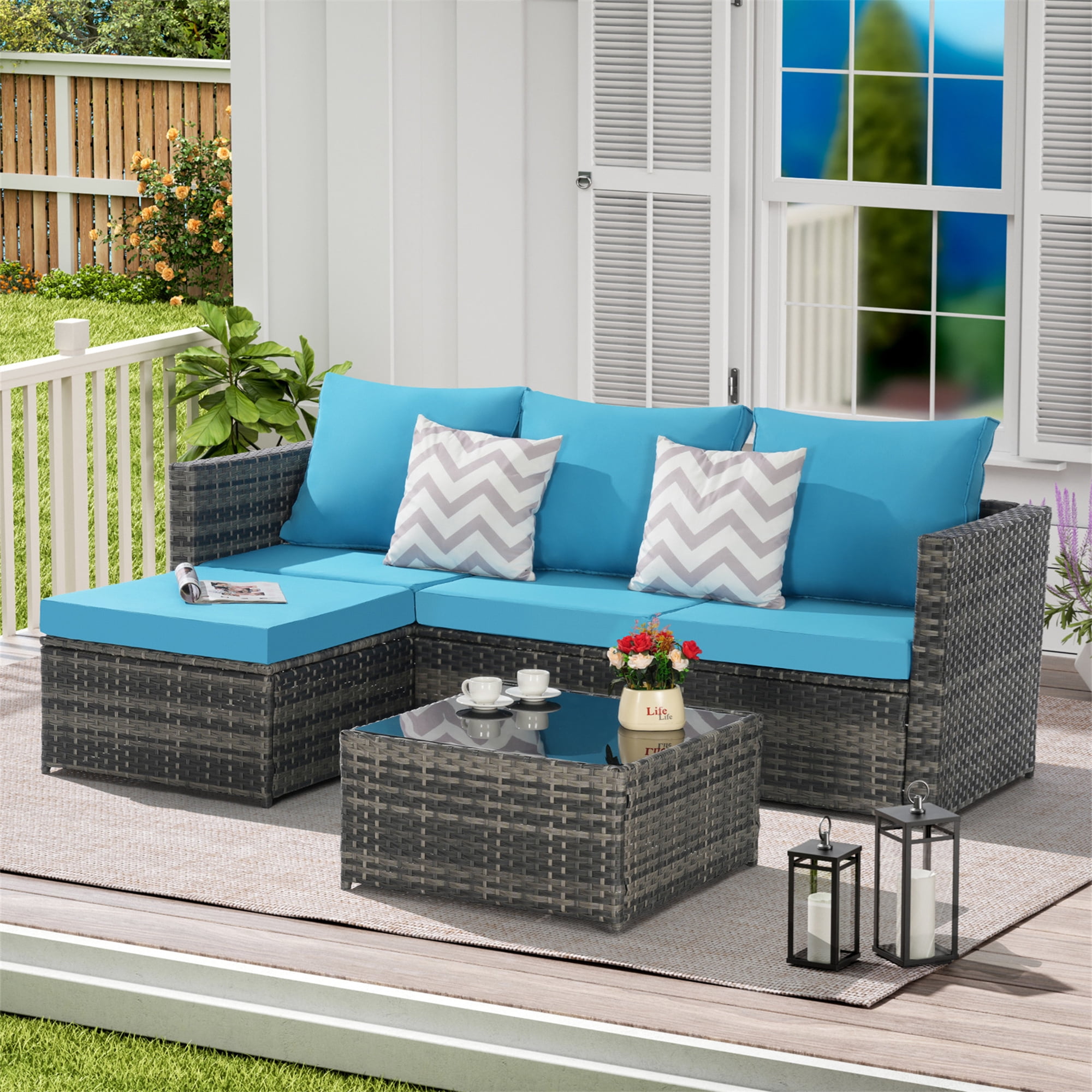 Aukfa Outdoor Patio Furniture Set - L shape Wicker Sectional Sofa with Coffee Table - Light Blue Cushions
