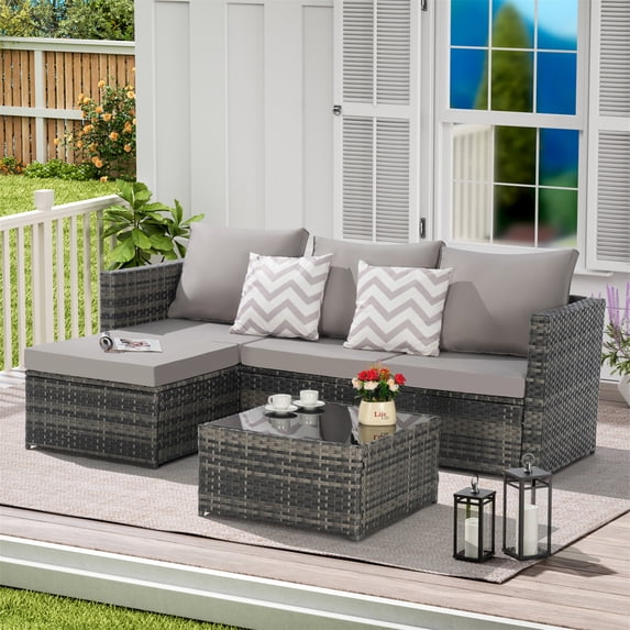 Aukfa Outdoor Patio Furniture Set - L shape Wicker Sectional Sofa with Coffee Table - Light Gray Cushions