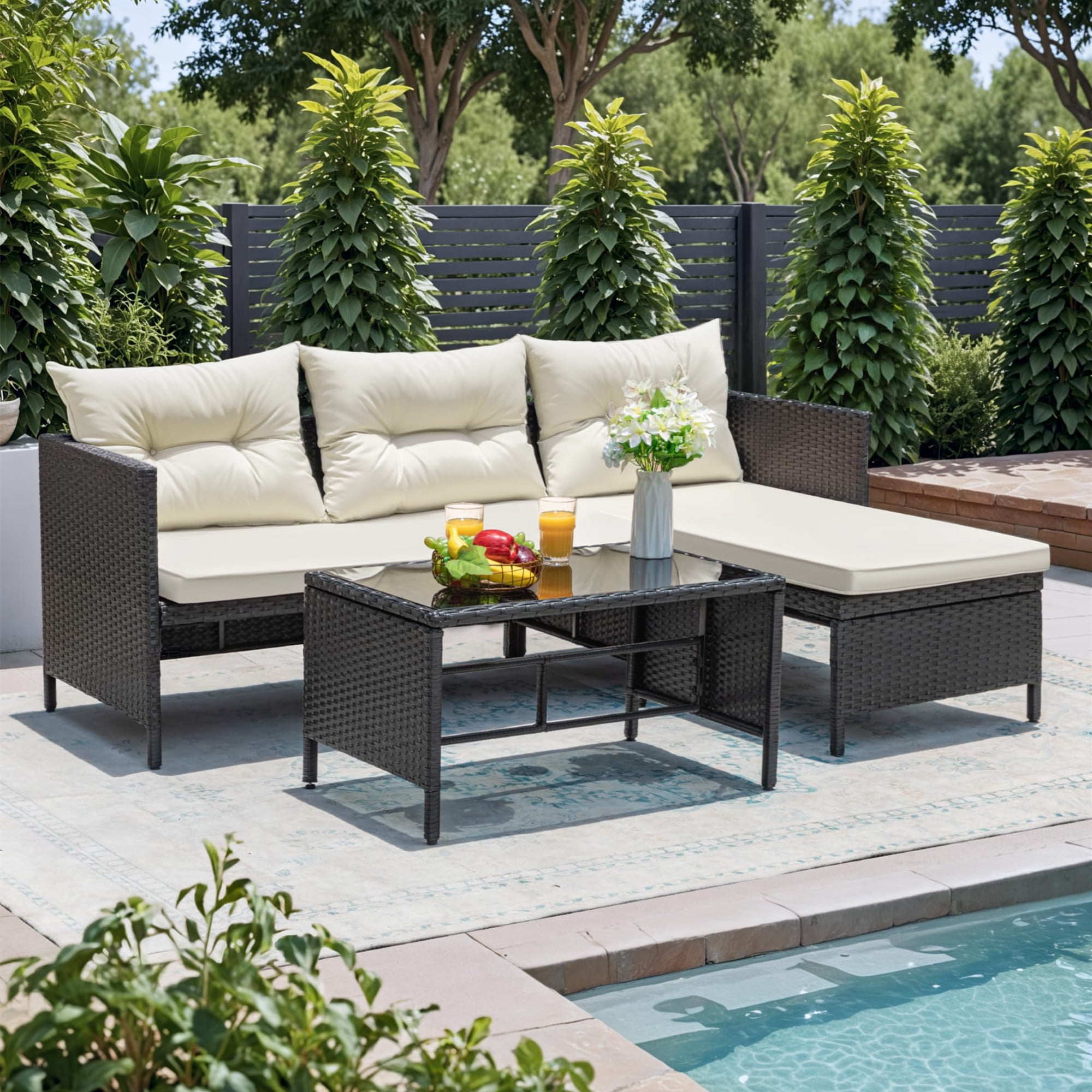 Aukfa Outdoor Patio Wicker Rattan Sectional Sofa with Table & Beige Cushions for Yard, Garden, Porch