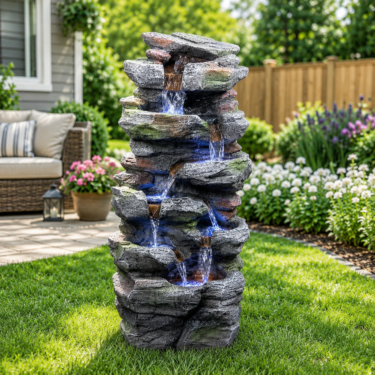 Aukfa Outdoor Rock Water Fountain with LED Lights, Resin Cascading Waterfall Feature for Patio Backyard Lawn,Gray