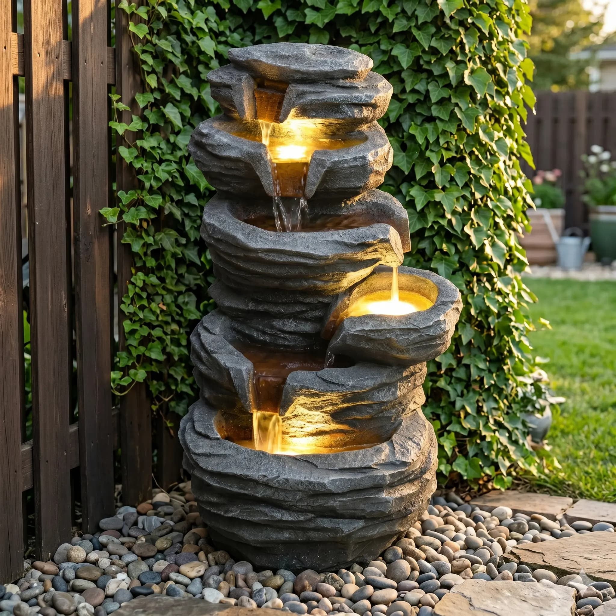 Aukfa Outdoor Water Fountain with LED Lights, Multi-Level Resin Rock Waterfall Feature for Patio Backyard Porch,Gray