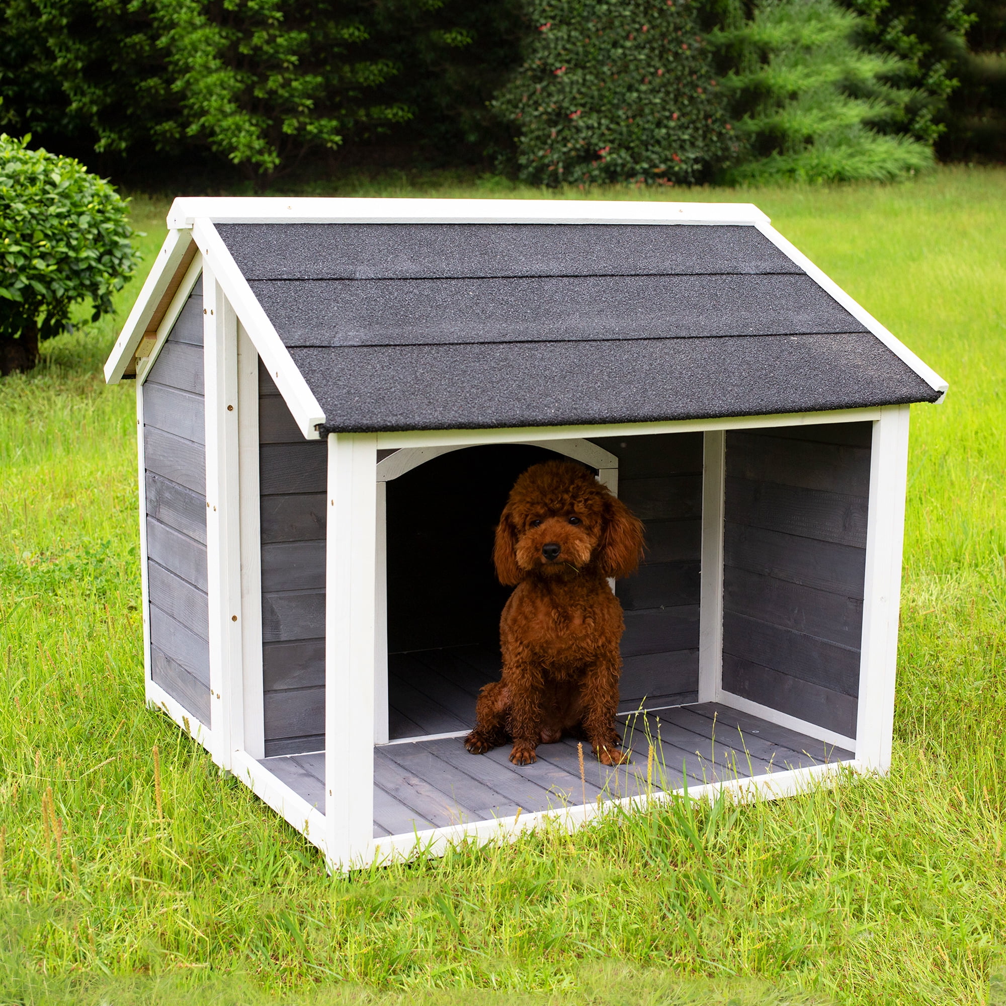 Aukfa Outdoor Wood Lodge Dog House, Pet Dog Puppy Shelter, Waterproof Dog House for Medium Pet