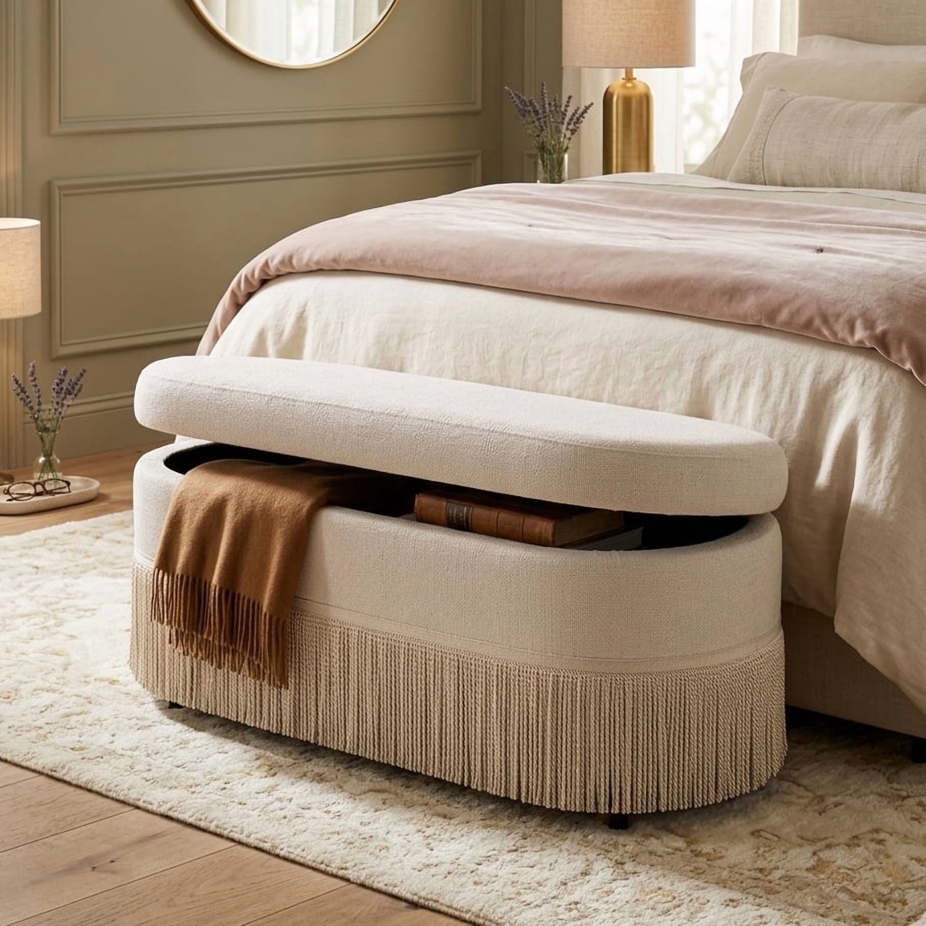 Aukfa Oval Storage Ottoman Bench with Tassel Trim, Upholstered End of Bed Bench with Hidden Storage, Metal Legs,Beige
