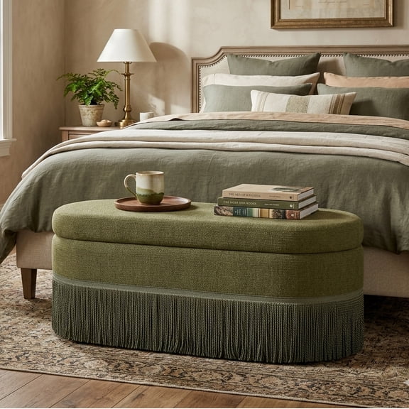 Aukfa Oval Storage Ottoman Bench with Tassel Trim, Upholstered End of Bed Bench with Hidden Storage, Metal Legs,Green