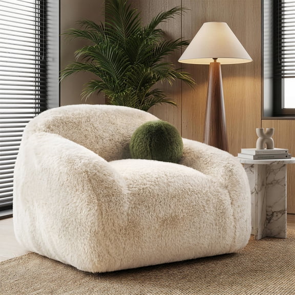 Aukfa Oversized 360° Swivel Sofa Chiar, 43.3" Plush Faux Fur Accent Chair with Ball Pillows, Beige