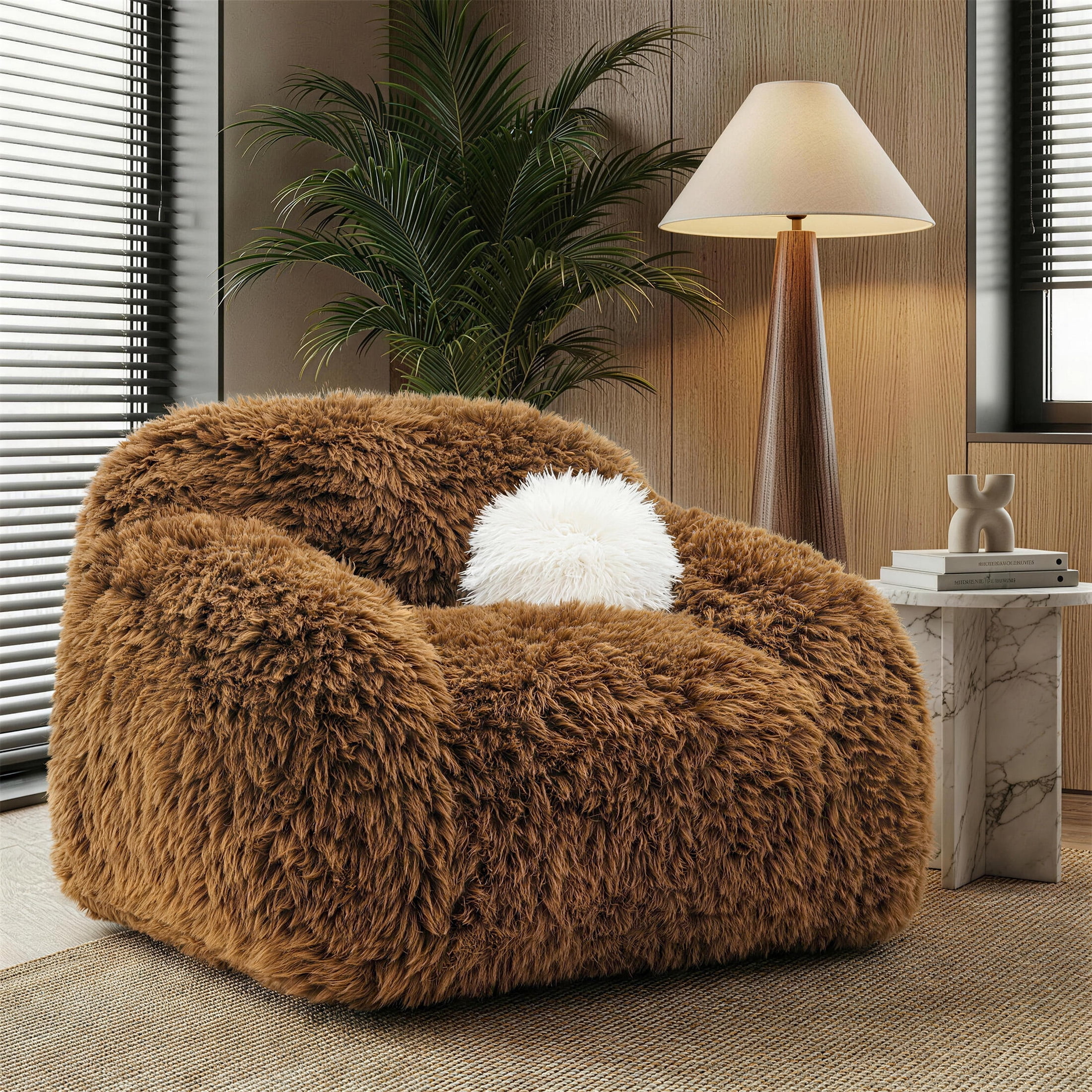 Aukfa Oversized 360° Swivel Sofa Chiar, 43.3" Plush Faux Fur Accent Chair with Ball Pillows, Brown