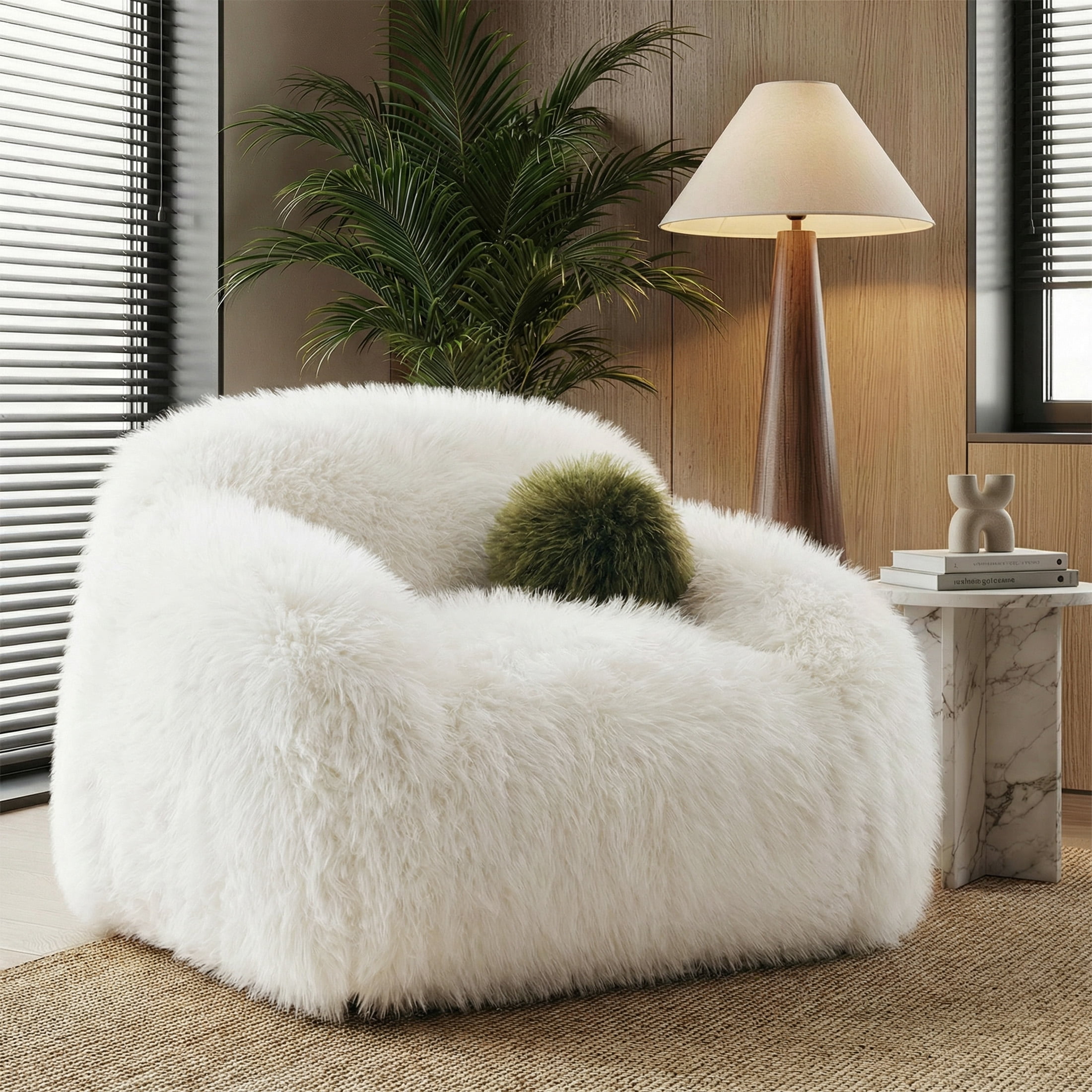 Aukfa Oversized 360° Swivel Sofa Chiar, 43.3" Plush Faux Fur Accent Chair with Ball Pillows, White