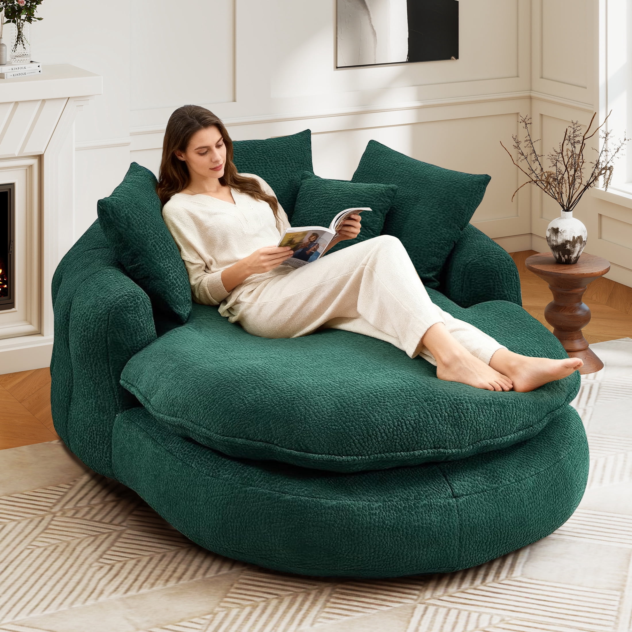 Aukfa Oversized Bean Bag Sofa, 59.84" Deep Sleeper Chaise with 5 Pillows, Chenille, Green