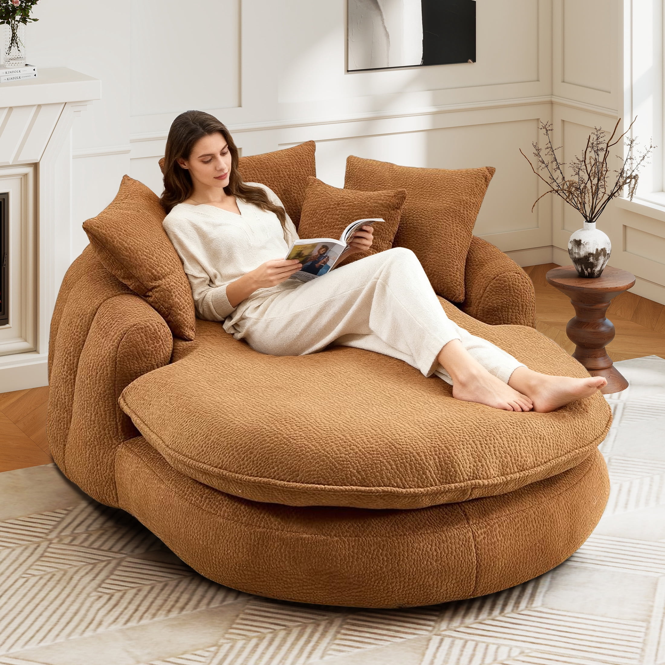 Aukfa Oversized Bean Bag Sofa, 59.84" Deep Sleeper Chaise with 5 Pillows, Chenille, Orange