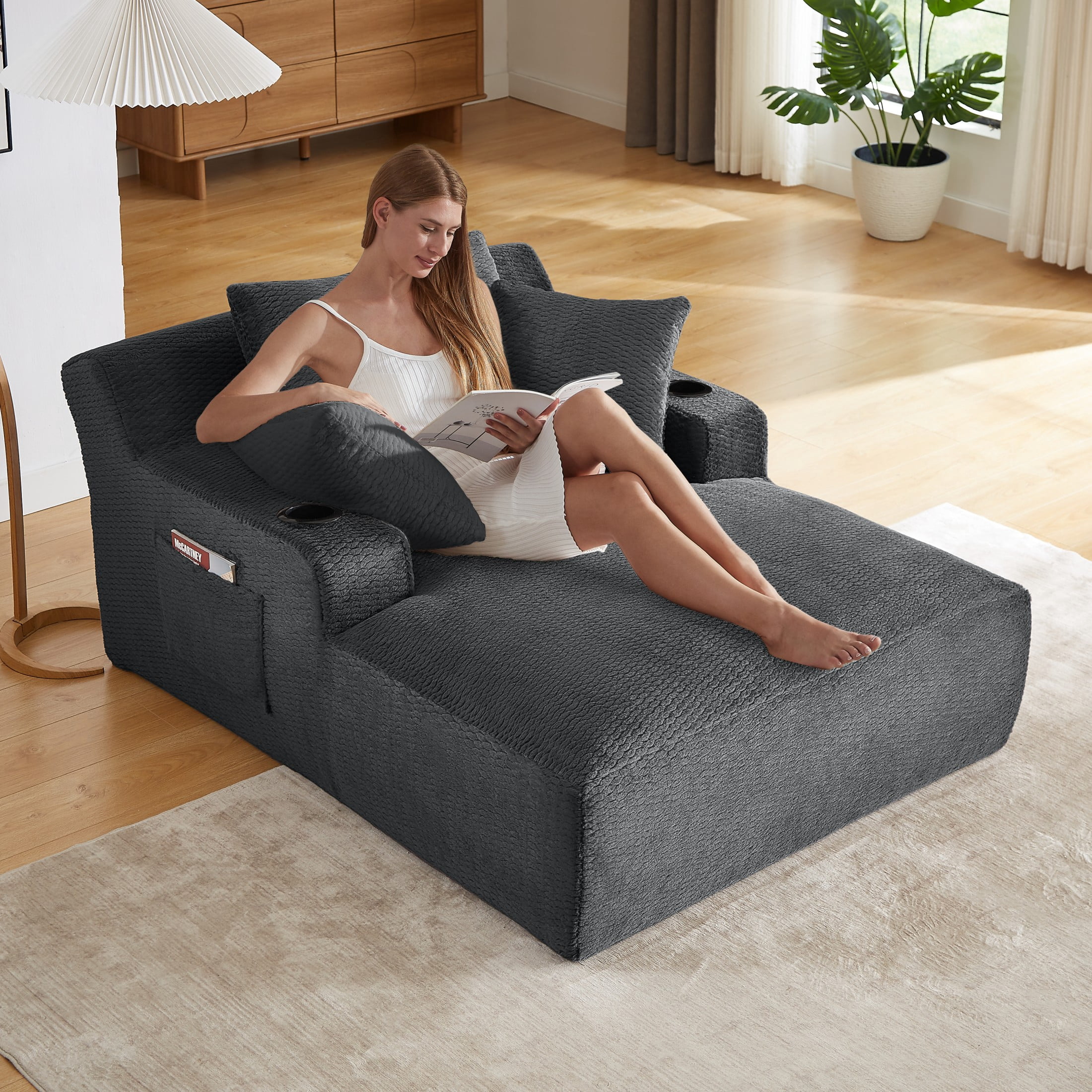 Aukfa Oversized Chaise Lounge Chair Indoor, 66" Boneless Sofa Couch with Cup Holders and 3Pillows for Living Room, Dark Brown