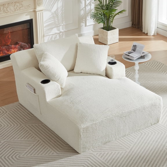 Aukfa Oversized Chaise Lounge Chair Indoor with Cup Holder & Side Pocket, Faux Fur Sleeper Chair for Living Room, Bedroom,Beige