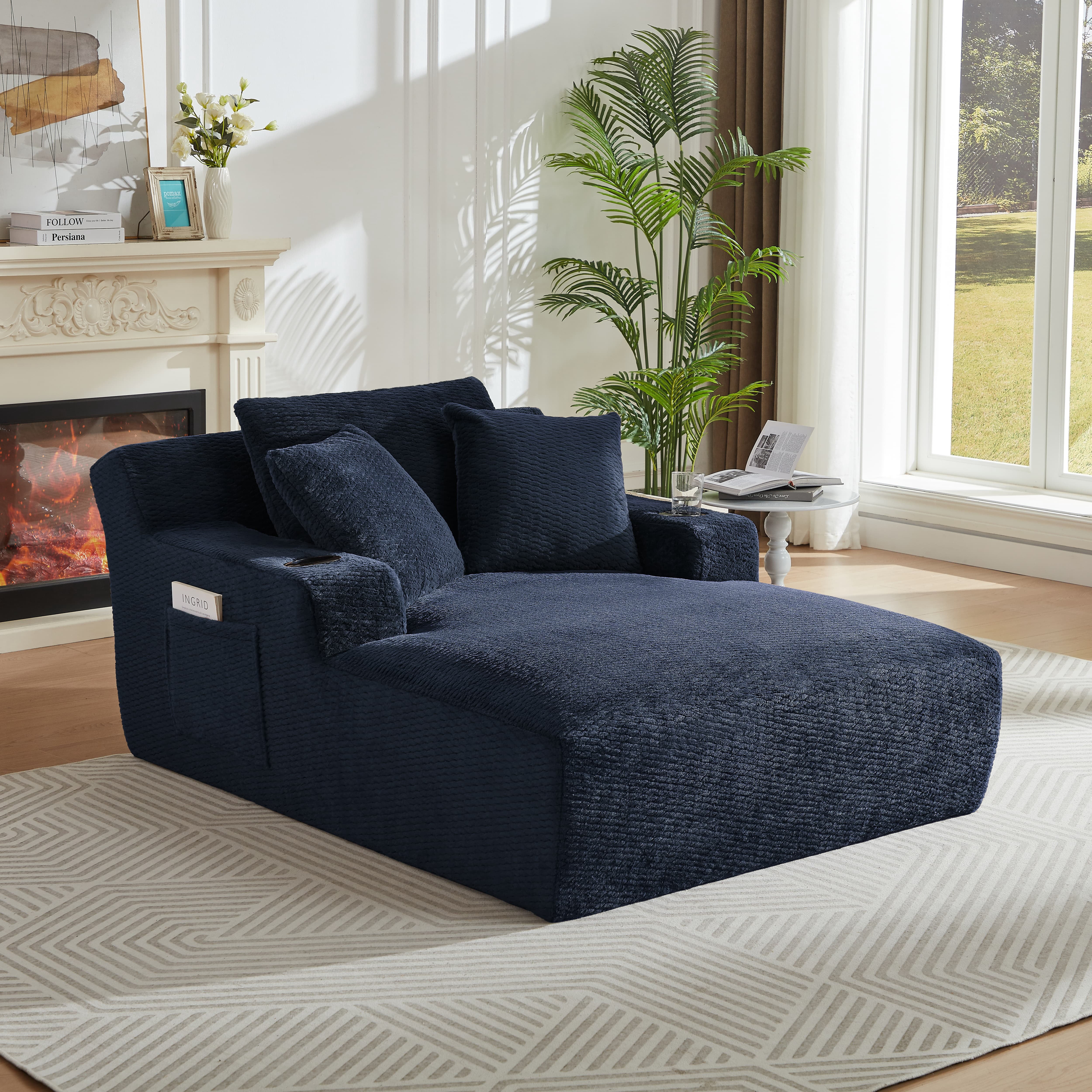 Aukfa Oversized Chaise Lounge Chair Indoor with Cup Holder & Side Pocket, Faux Fur Sleeper Chair for Living Room, Bedroom,Blue