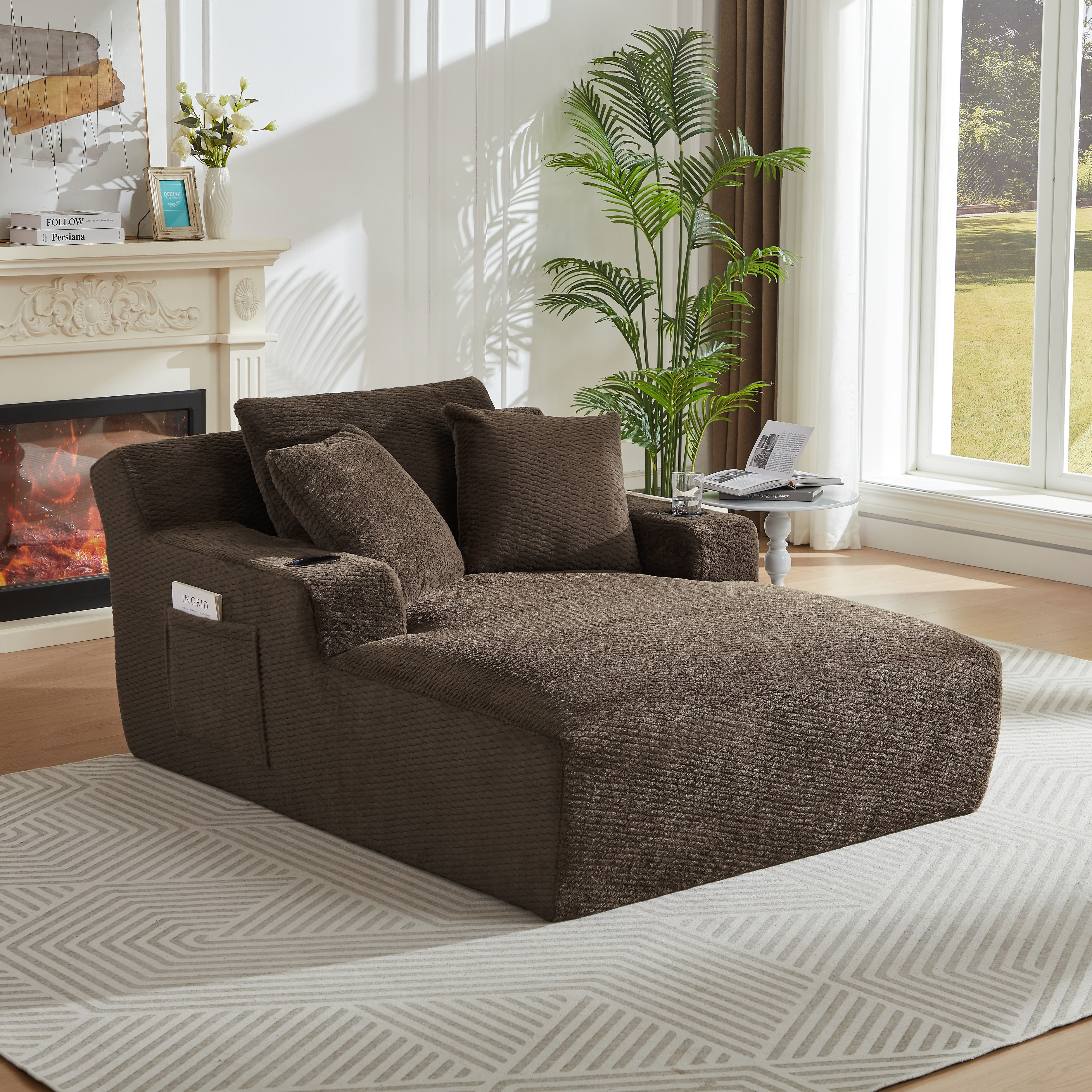 Aukfa Oversized Chaise Lounge Chair Indoor with Cup Holder & Side Pocket, Faux Fur Sleeper Chair for Living Room, Bedroom,Brown