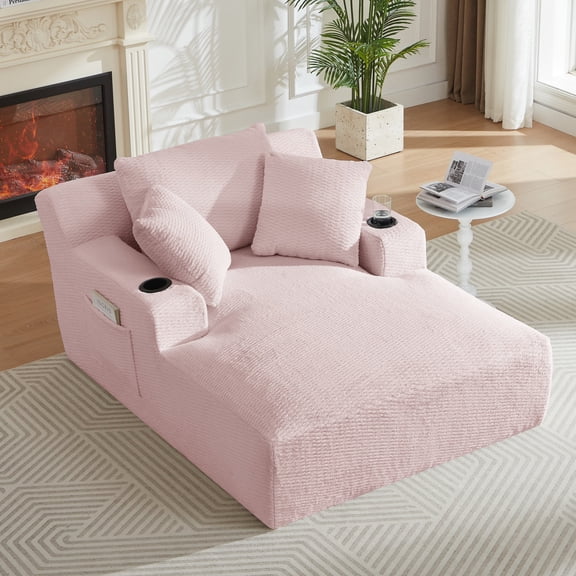 Aukfa Oversized Chaise Lounge Chair Indoor with Cup Holder & Side Pocket, Faux Fur Sleeper Chair for Living Room, Bedroom,Pink