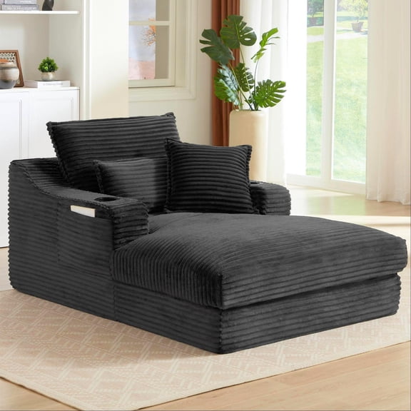 Aukfa 68" Oversized Chaise Lounge Chair with 2 Cup Hoders&Side Pockets, 3Pillows, Corduroy, Black