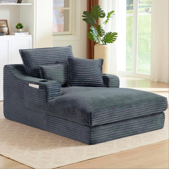 Aukfa 68" Oversized Chaise Lounge Chair with 2 Cup Hoders&Side Pockets, 3Pillows, Corduroy, Gray