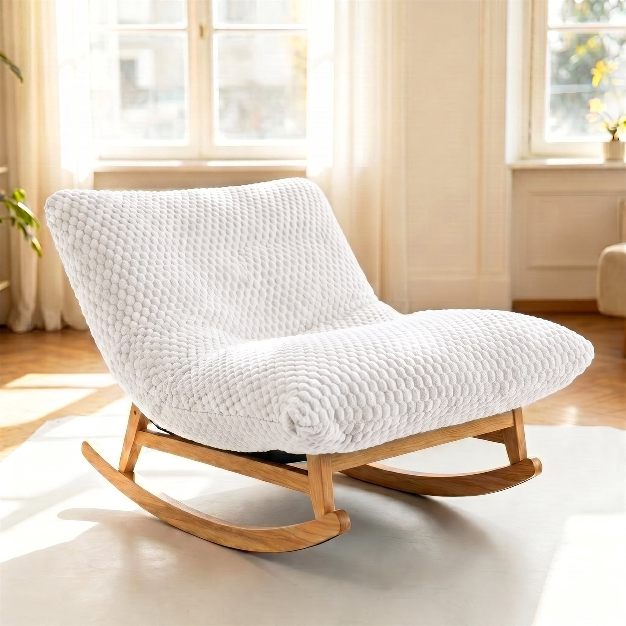 Aukfa 41" Oversized Wooden Rock & Chaise Lounge, 3 in 1 Convertible Glider Sofa Chair for Living Room Bedroom, Plush Cushion, Corduroy, White