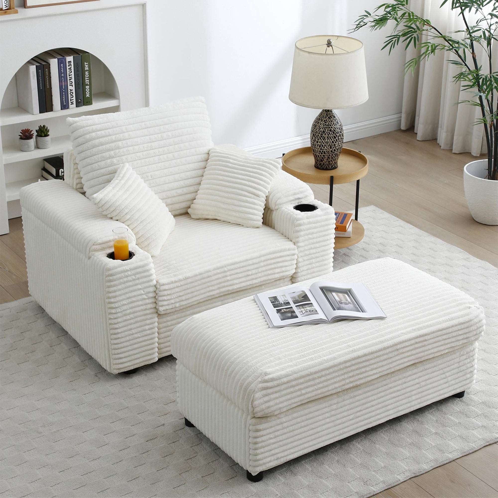Aukfa Oversized Chaise Lounge Indoor Chair with 2 Cupholders, Storage Ottoman, 3 Pillows, Beige