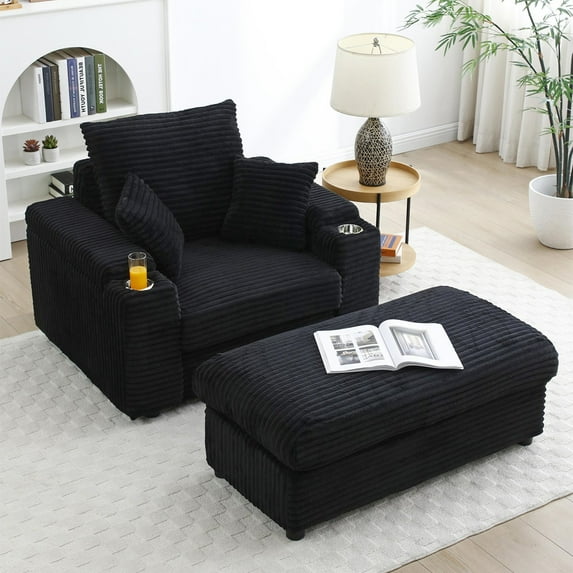 Aukfa Oversized Chaise Lounge Indoor Chair with 2 Cupholders, Storage Ottoman, 3 Pillows, Black