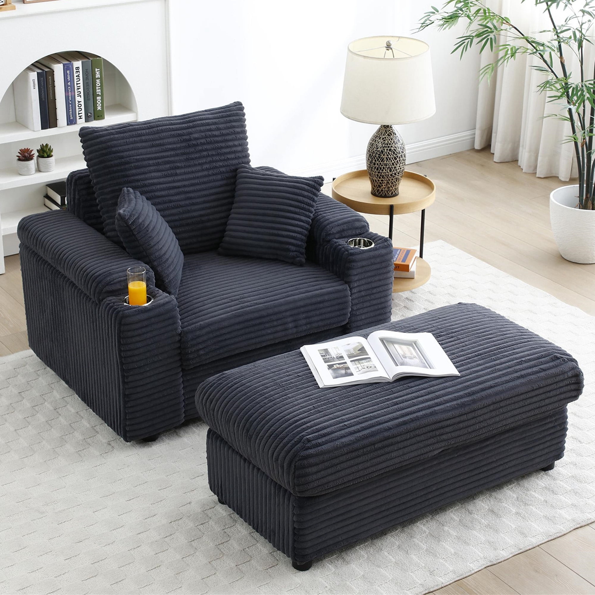 Aukfa Oversized Chaise Lounge Indoor Chair with 2 Cupholders, Storage Ottoman, 3 Pillows, Gray