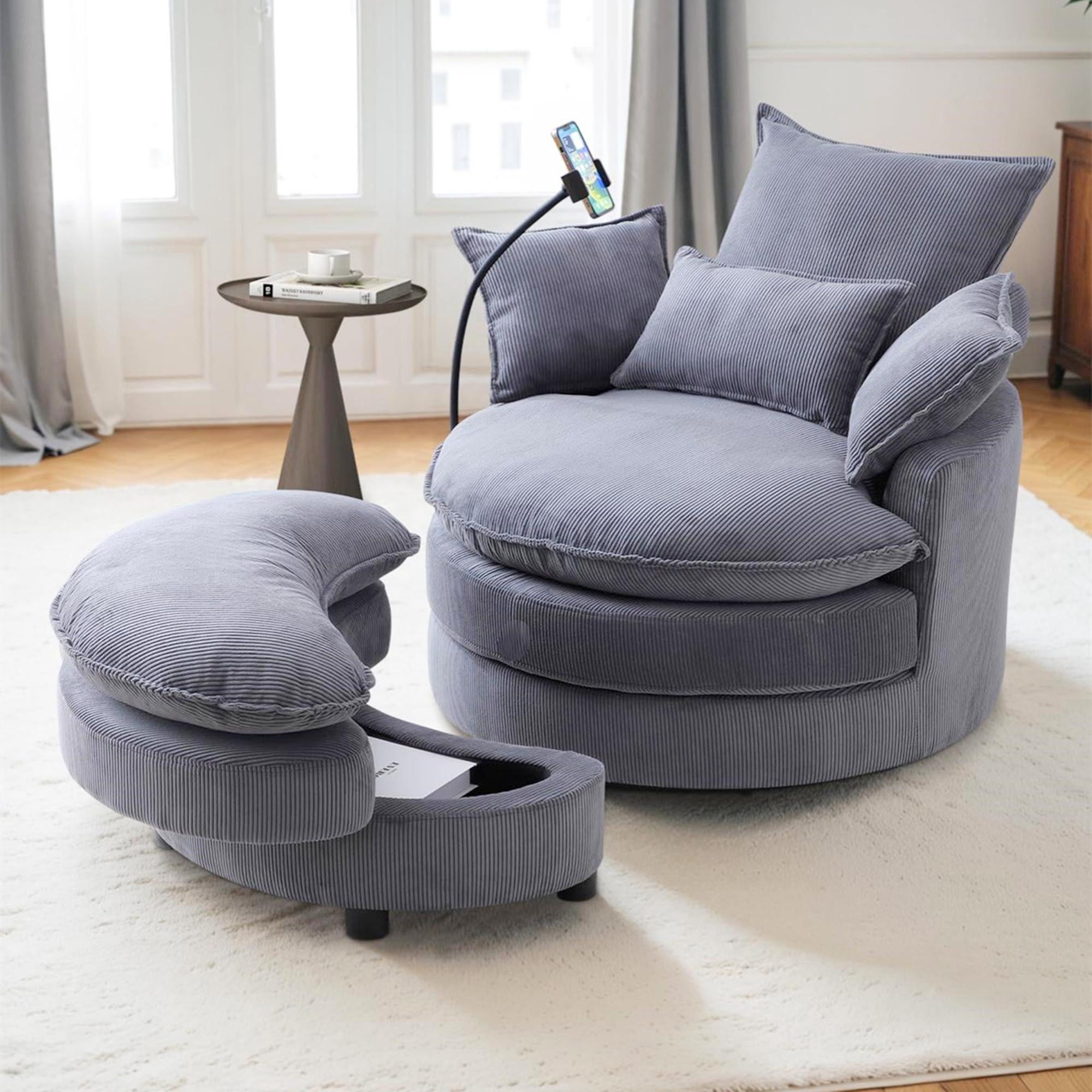 Aukfa Swivel Accent Chair 36" Oversized Barrel Chair with Storage Ottoman & Phone Holder for Living Room, 4 Pillows, Gray