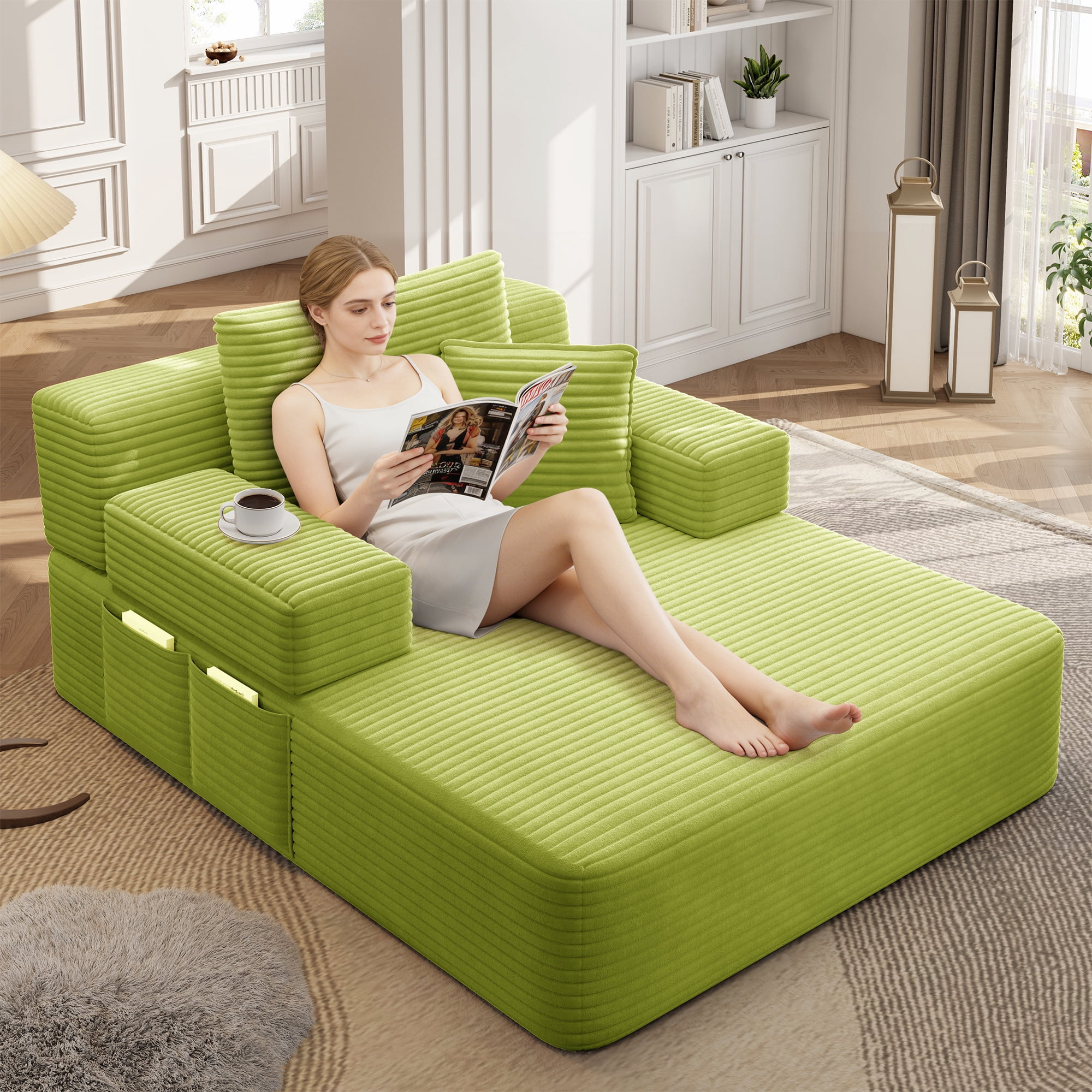Aukfa Oversized Corduroy Chaise Lounge Chair, Convertible Boneless Sleeper Sofa Bed with 3 Pillows&Storage Pockets, Apple Green