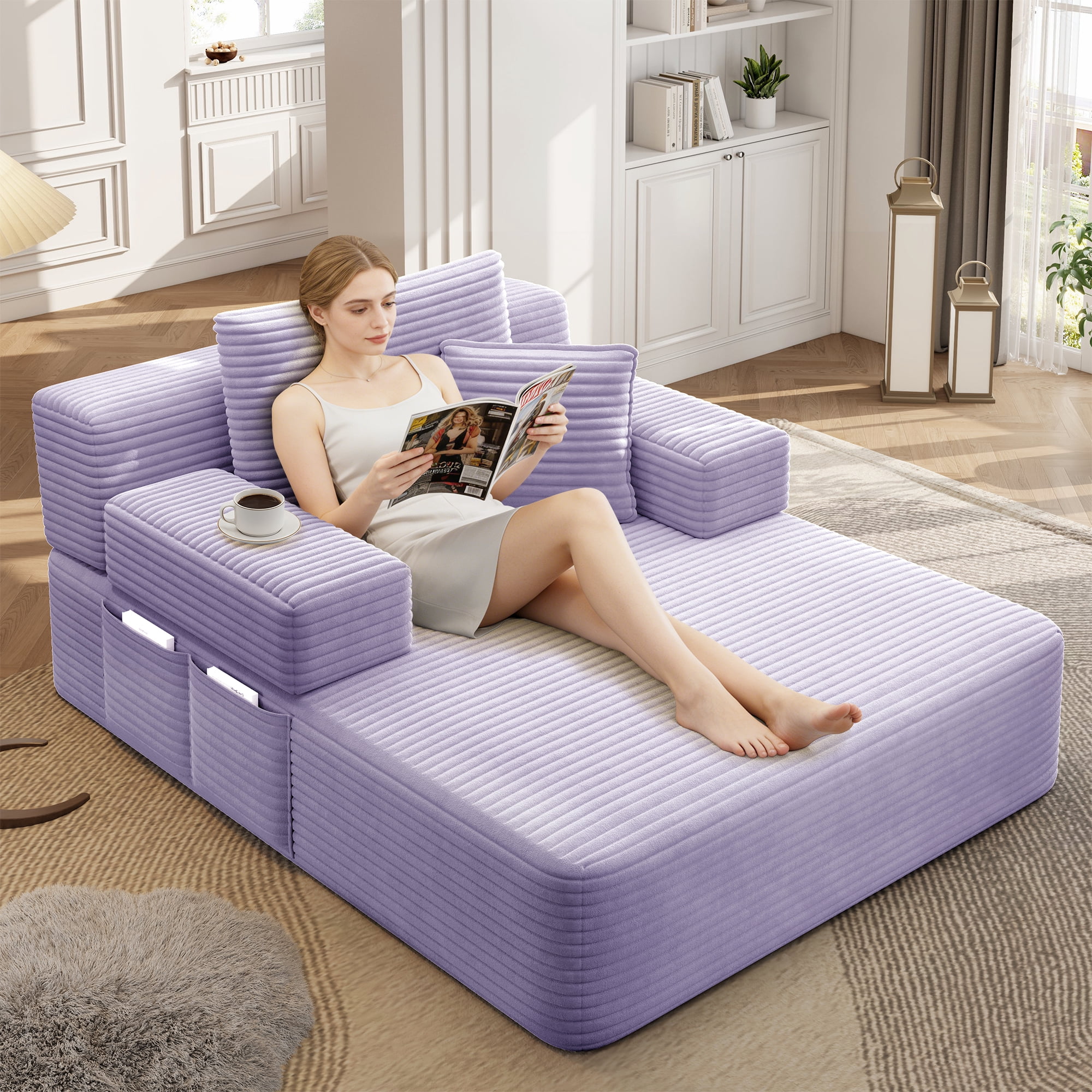 Aukfa Oversized Corduroy Chaise Lounge Chair, Convertible Boneless Sleeper Sofa Bed with 3 Pillows&Storage Pockets, Purple