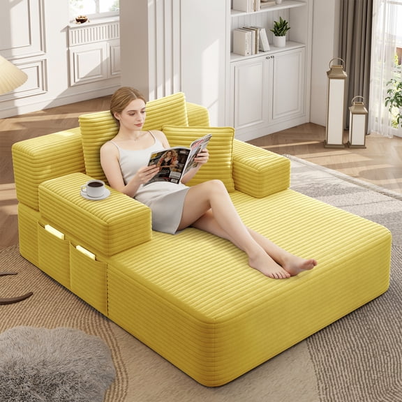 Aukfa Oversized Corduroy Chaise Lounge Chair, Convertible Boneless Sleeper Sofa Bed with 3 Pillows&Storage Pockets, Yellow